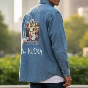 Warner Payne Barack Obama “Yes We Did” Graphic Denim Button Down Shirt